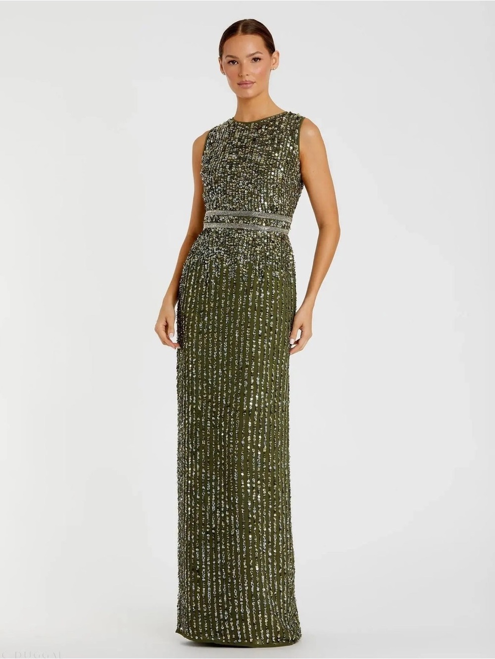 NWT Mac Duggal 93603 SEQUINED HIGH NECK SLEEVELESS COLUMN GOWN Olive Size 10